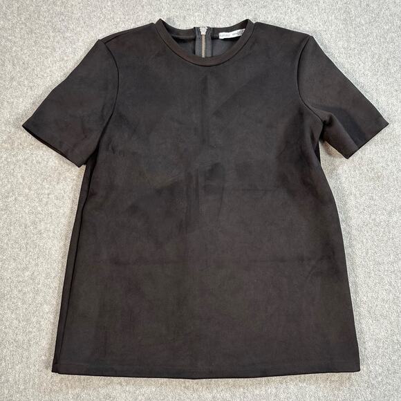 Zara Faux Suede Black Top Exposed Back Zipper Women's Small Short Sleeve - Picture 1 of 7